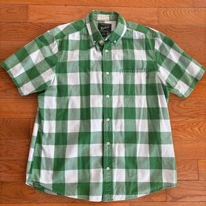 Woolrich Mens Size L Button Down Shirt Green White Plaid Short‎ Sleeve Cotton